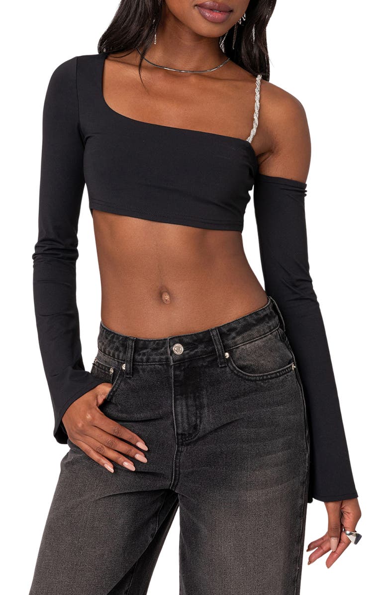 EDIKTED Embellished Strap Cold Shoulder Crop Top, Main, color,