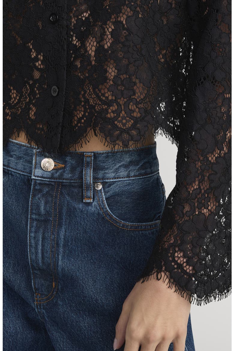 Sheer Crop Organic Cotton Blend Eyelash Lace Button-Up Shirt, Alternate, color, BLACK