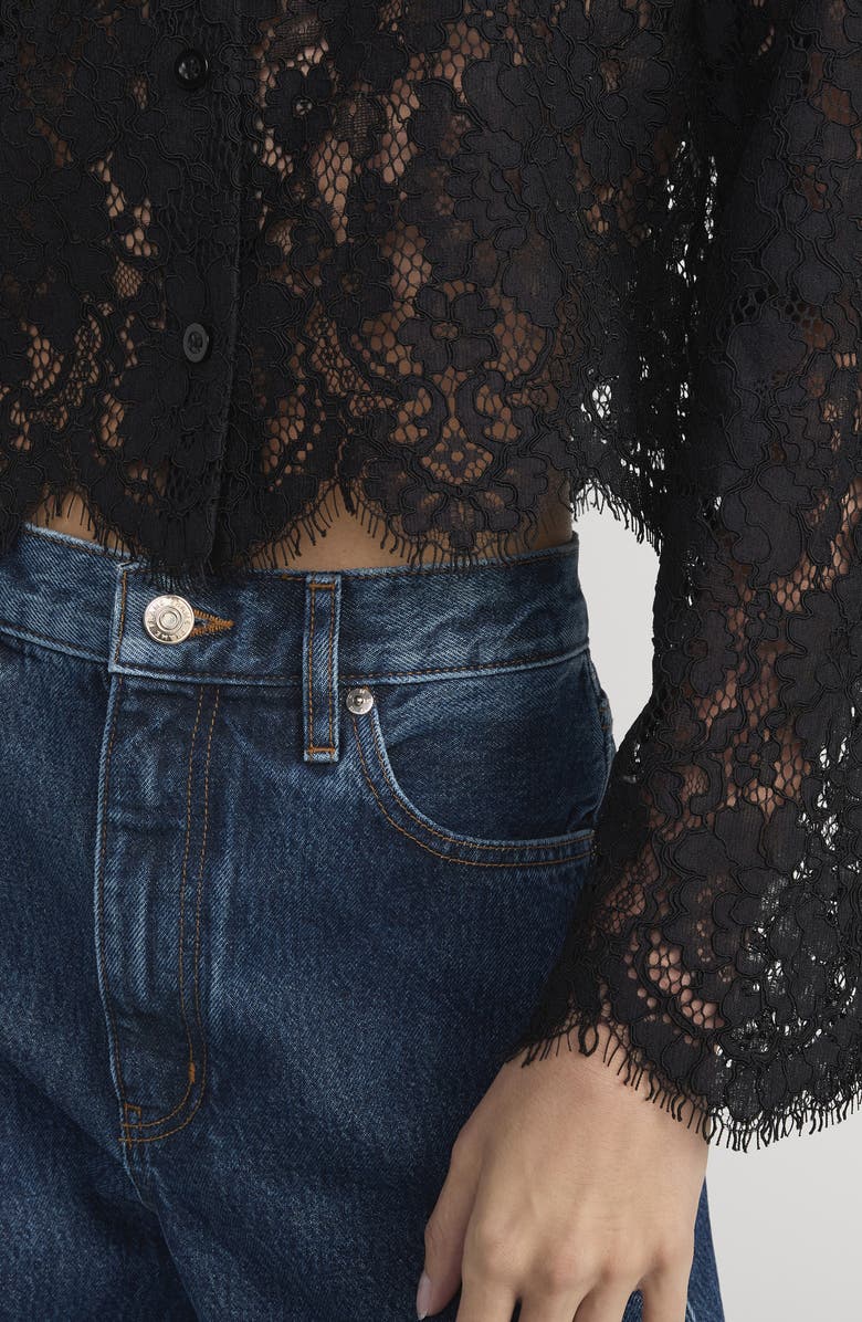 FRAME Sheer Crop Organic Cotton Blend Eyelash Lace Button-Up Shirt, Alternate, color, Black
