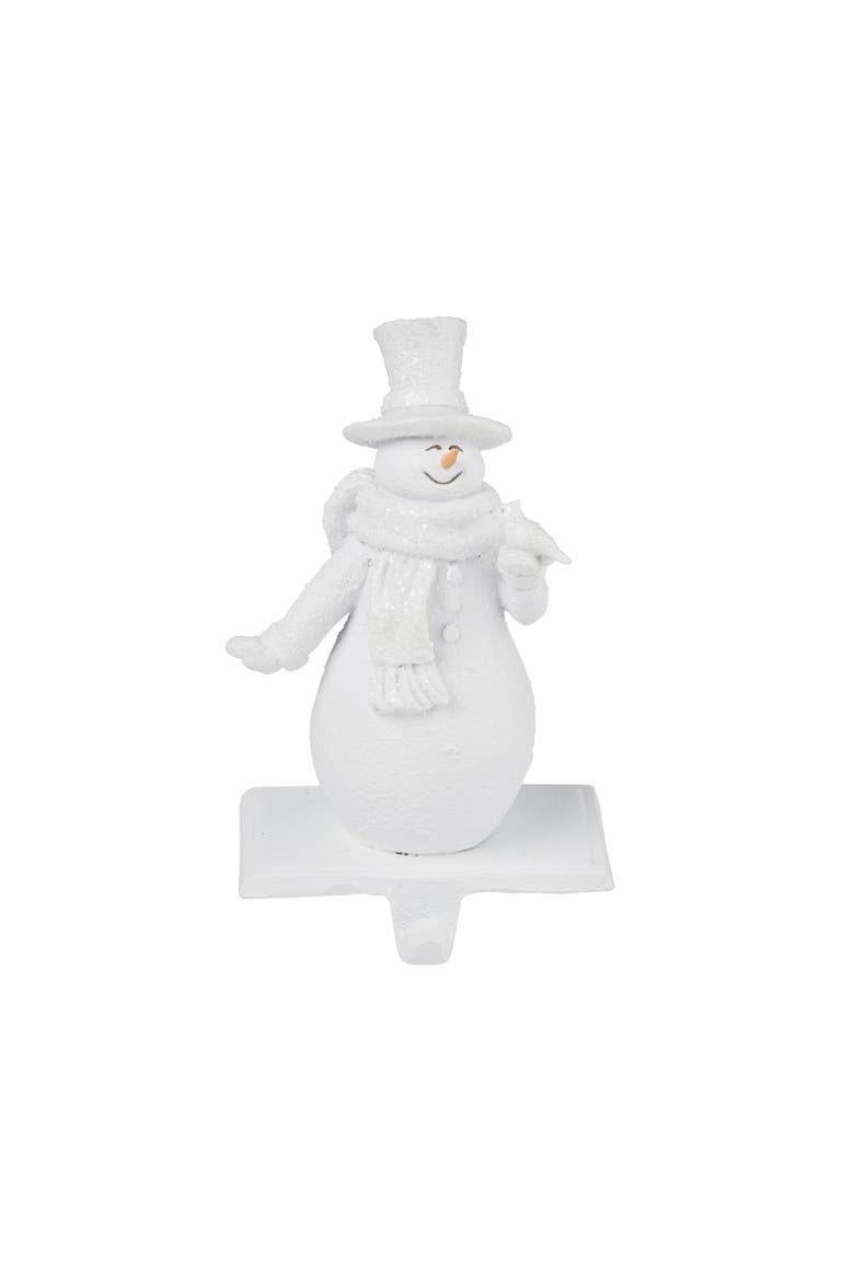 Happy Smiling Snowman Holding Bird Resin Stocking Holder, Main, color, White