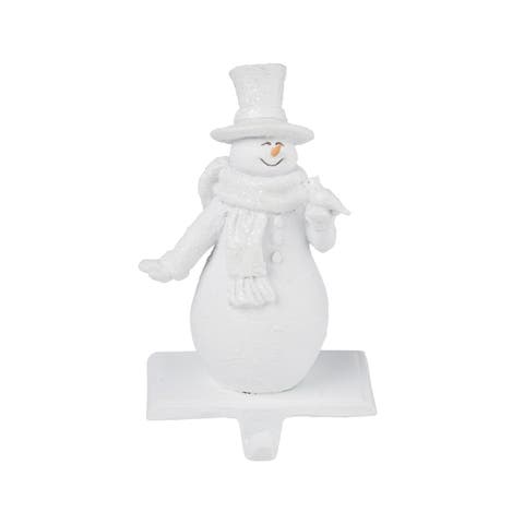 Happy Smiling Snowman Holding Bird Resin Stocking Holder