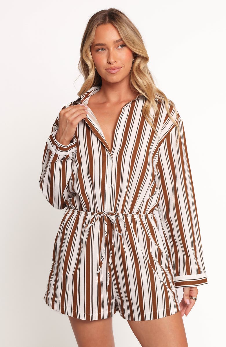 Petal & Pup Beau Stripe Long Sleeve Cotton & Linen Romper, Alternate, color, Chocolate Stripe