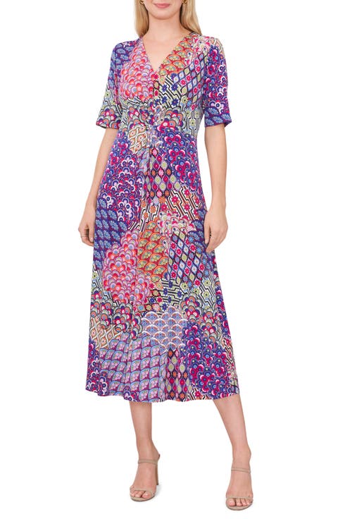 Floral Twist Front Short Sleeve Midi Dress