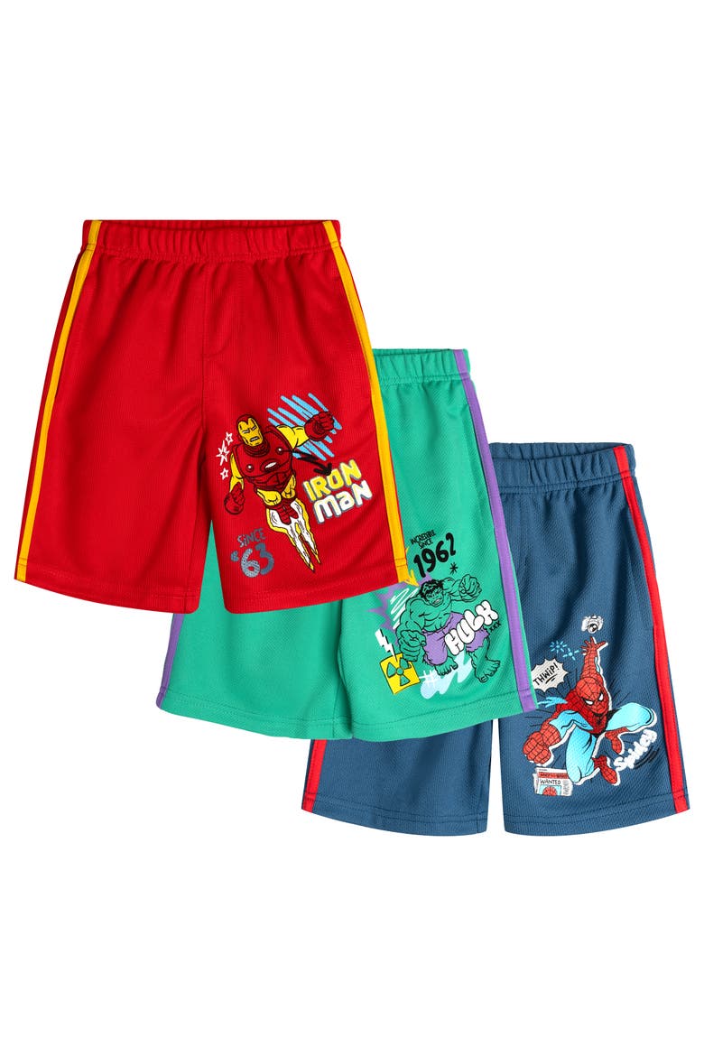 Avengers Athletic Mesh Shorts Multipack, Main, color, Navy Green Red
