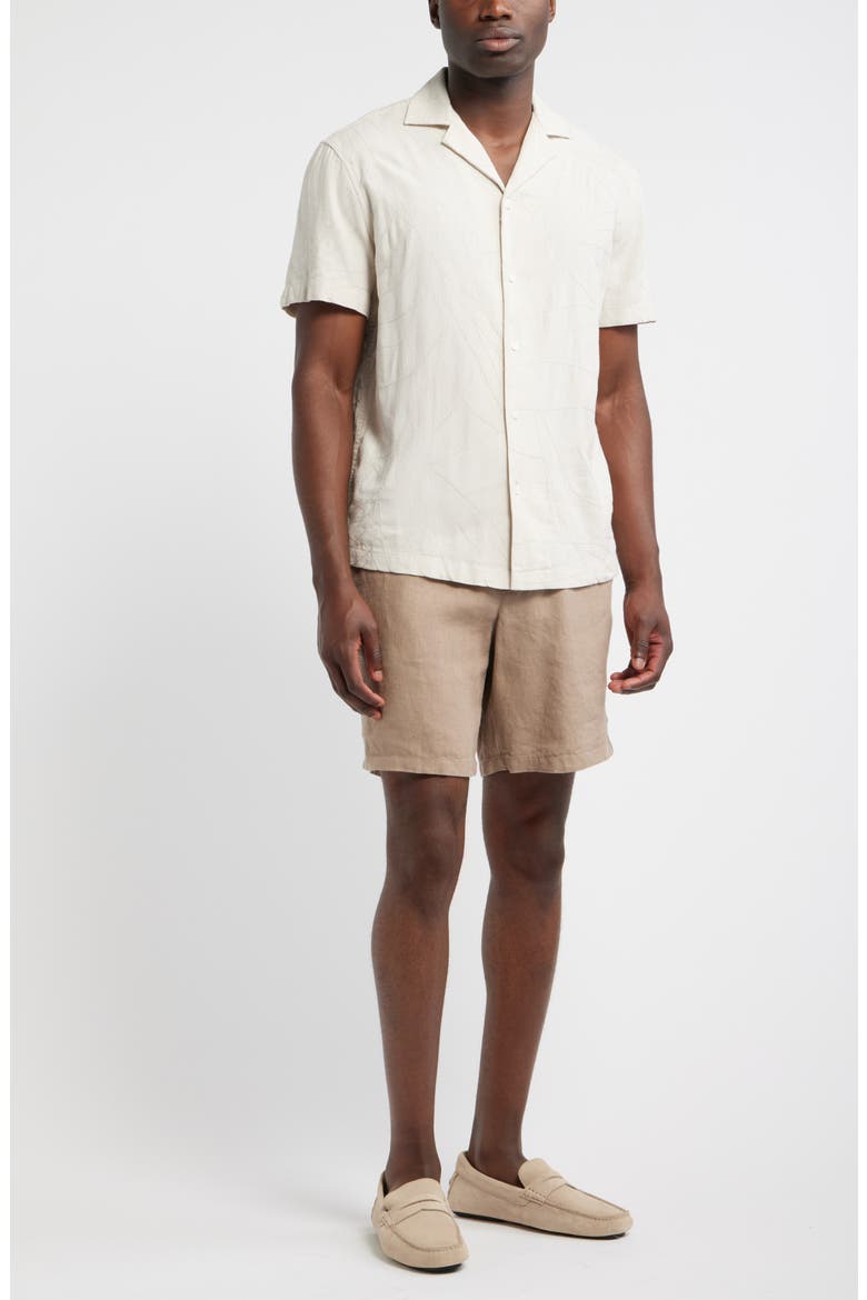 Embroidered Leaves Short Sleeve Linen Blend Button-Up Shirt, Alternate, color, BEIGE STITCHED LEAVES