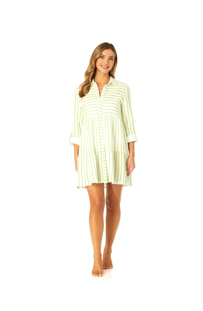 Anne Cole Women's Button Front Long Sleeve Tiered Dress Cover Up, Main, color, Lime Stripe