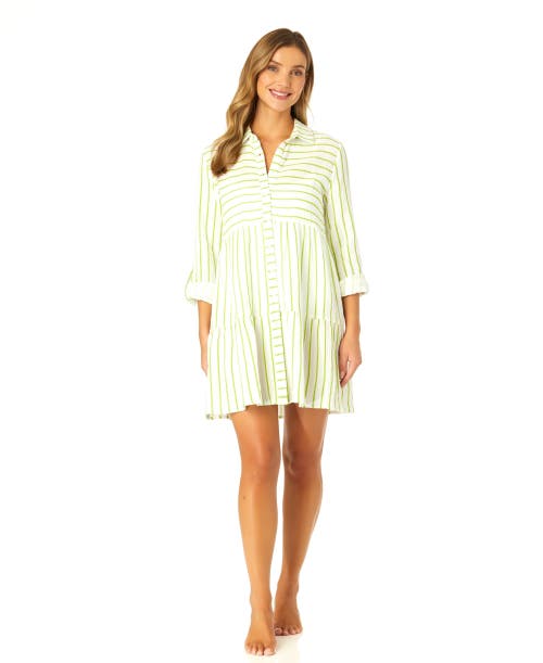 Anne Cole Button Front Long Sleeve Tiered Dress Cover Up In Lime Stripe