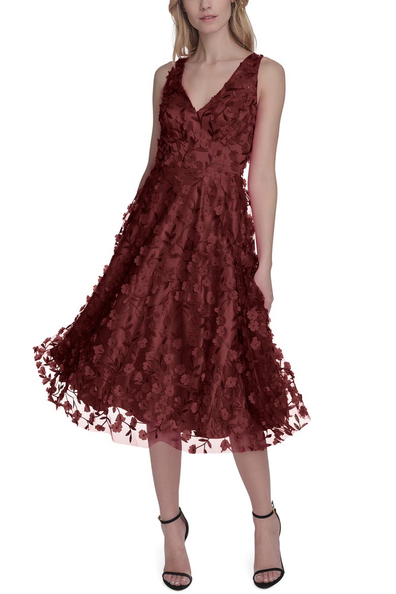 3D Appliqué Fit & Flare Cocktail Dress, Alternate, color, WINE