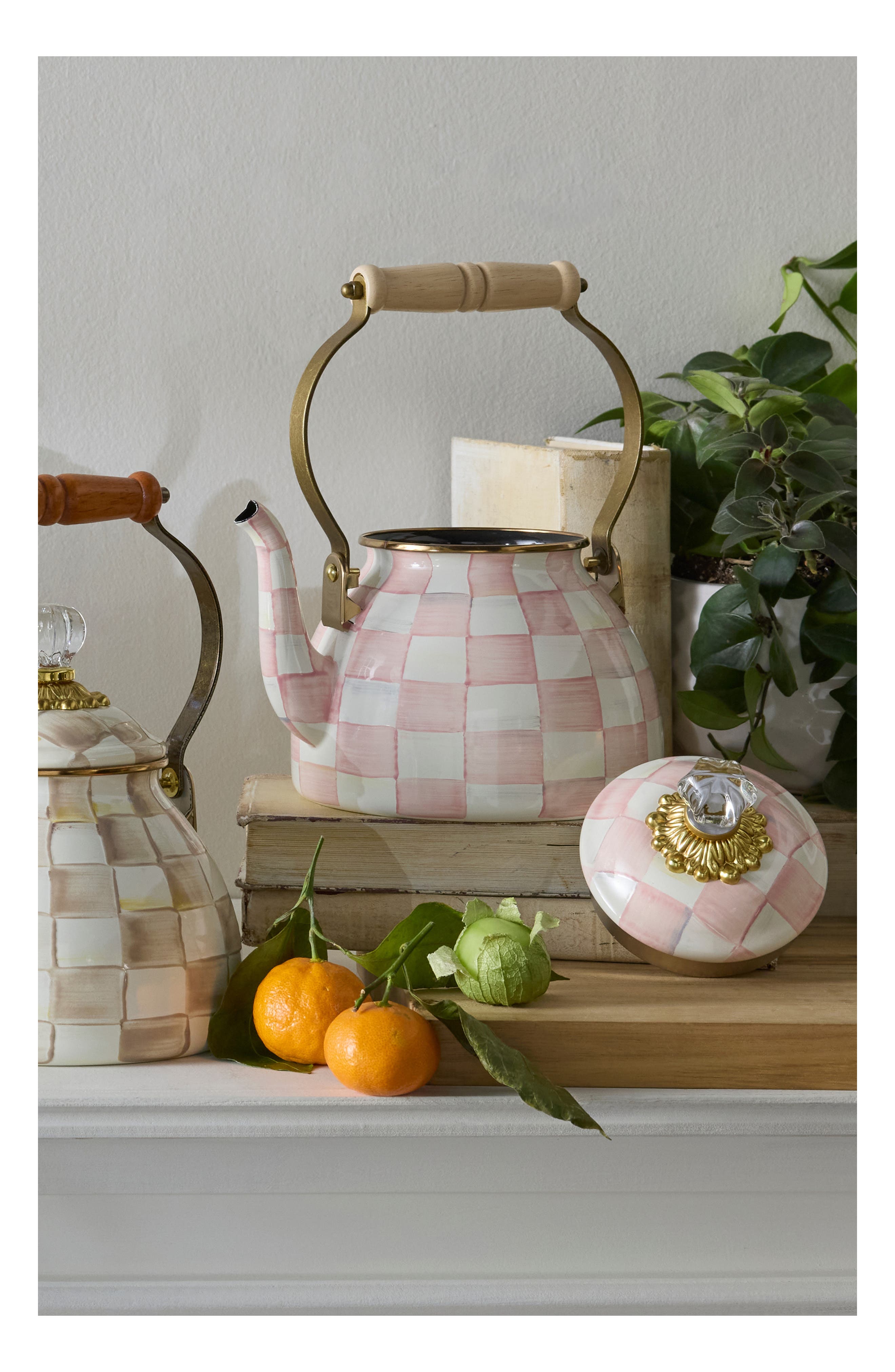 MACKENZIE CHILDS Rosy Check Enameled Steel 2-Quart Tea Kettle