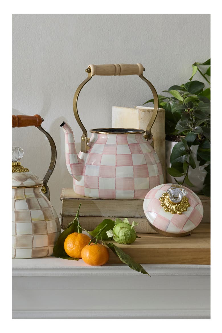 Rosy Check Enameled Steel 2-Quart Tea Kettle, Alternate, color, PINK/ WHITE