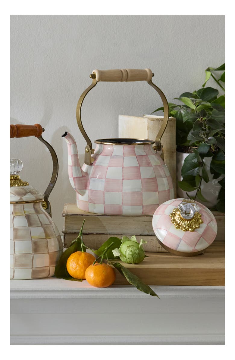 MACKENZIE CHILDS Rosy Check Enameled Steel 2-Quart Tea Kettle, Alternate, color, Pink/ White