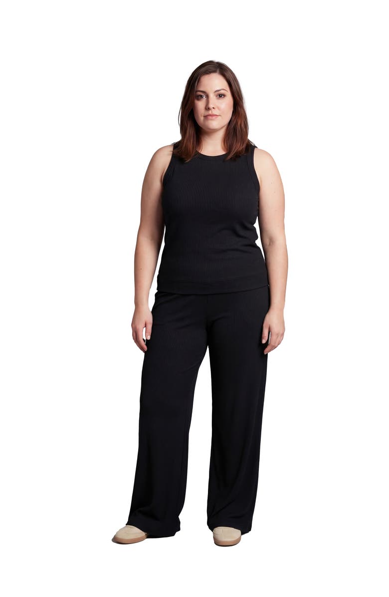 24seven Comfort Apparel Curvy Basic Ribbed Knit Tank Top and Elastic Waist Wide Leg Pant Set, Main, color, Black