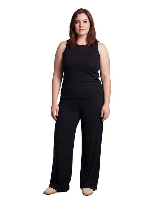 Curvy Basic Ribbed Knit Tank Top and Elastic Waist Wide Leg Pant Set