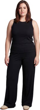 24seven Comfort Apparel Curvy Basic Ribbed Knit Tank Top and Elastic Waist Wide Leg Pant Set