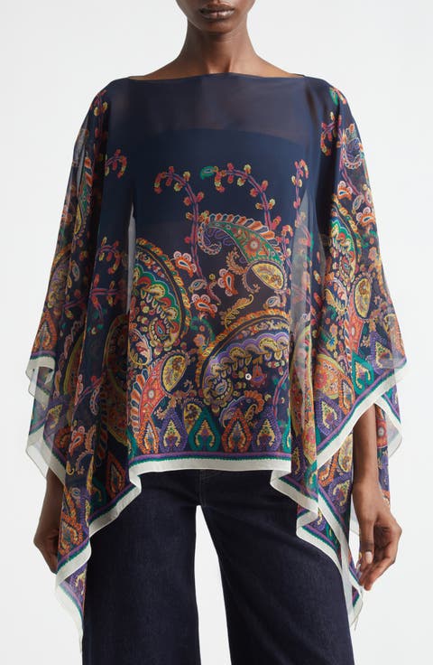 Paisley Print Silk Chiffon Poncho