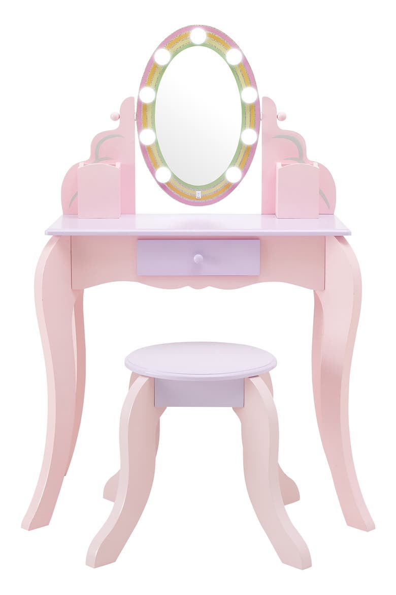 little princess dressing table Kids Vanity Set, Pink Toddler Makeup Vanity Table with Stool, Lights, Mirror, Play Makeup Set, Drawer, 2 Open Storage Shelves, Wooden Little Princess