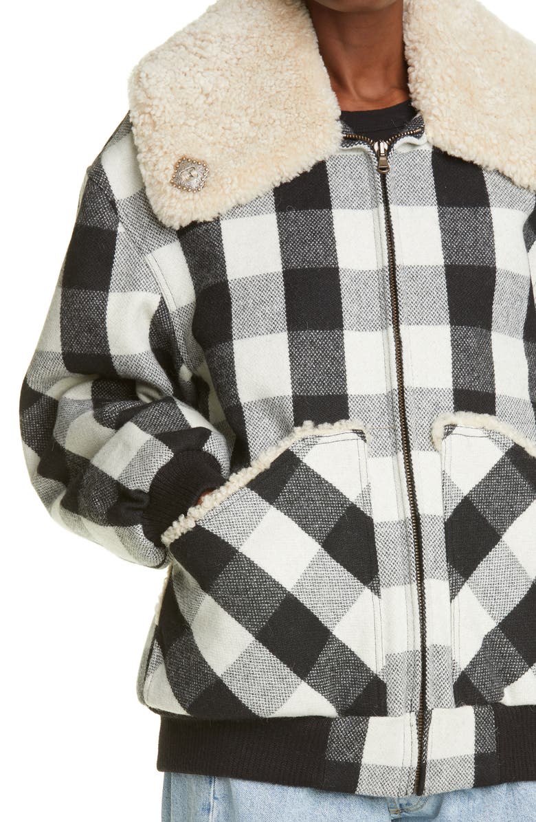 R13 Exaggerated Genuine Shearling Collar Bomber Jacket, Alternate, color,