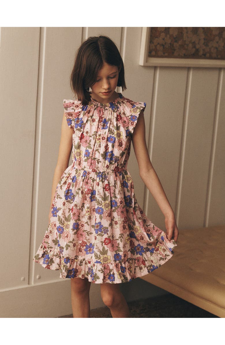 Mini Boden Kids' Gathered Elastic Waist Dress, Alternate, color, Blooming Pink Floral Bloom