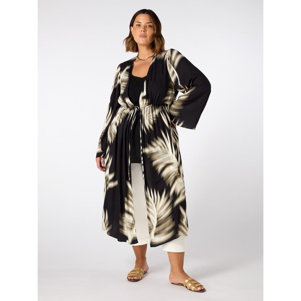 Live Unlimited Leaf Print Longline Drawstring Kimono In Black