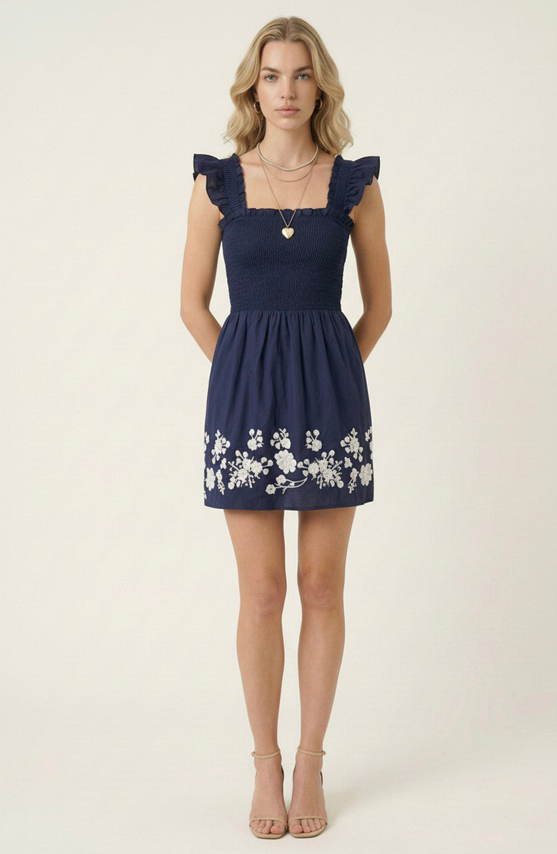 Modenaire Smocked Ruffle Strap Mini Dress with Floral Embroidery Hem, Alternate, color, Blue