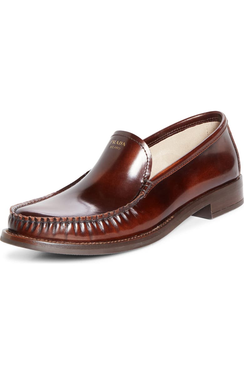 Prada Moc Toe Leather Loafer, Main, color, Tobacco