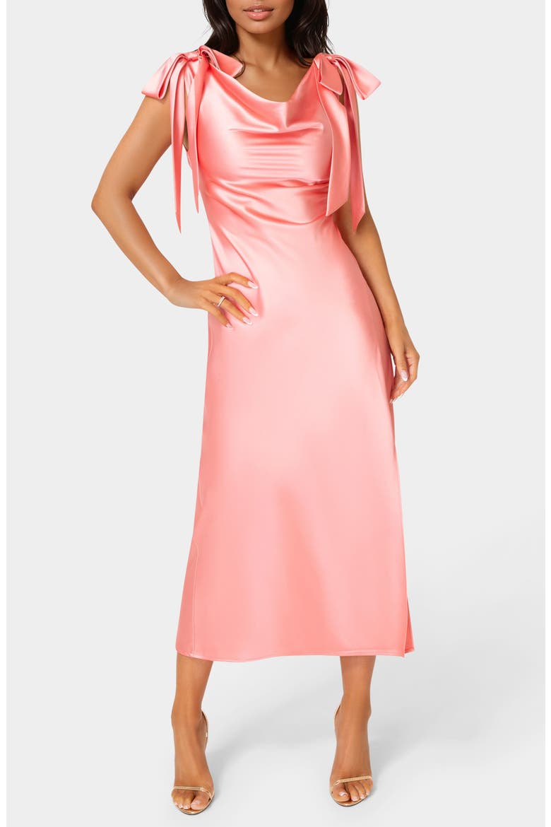 Shoulder Tie Satin Midi Dress, Main, color, CORAL