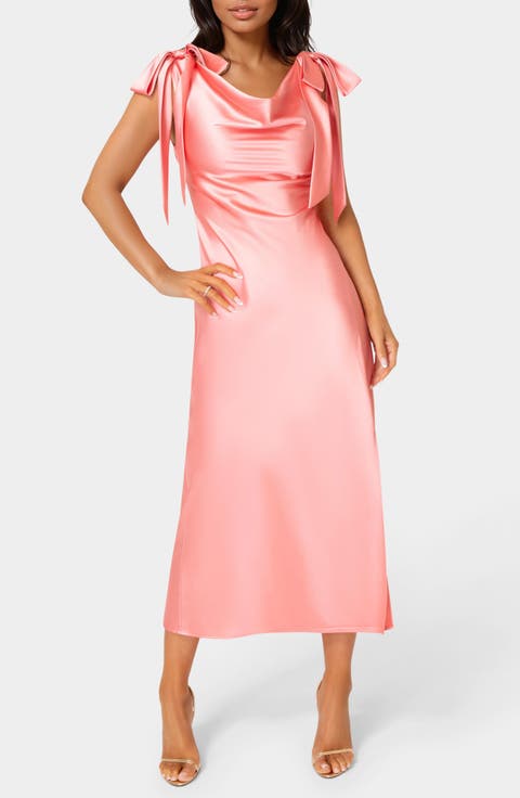 Shoulder Tie Satin Midi Dress