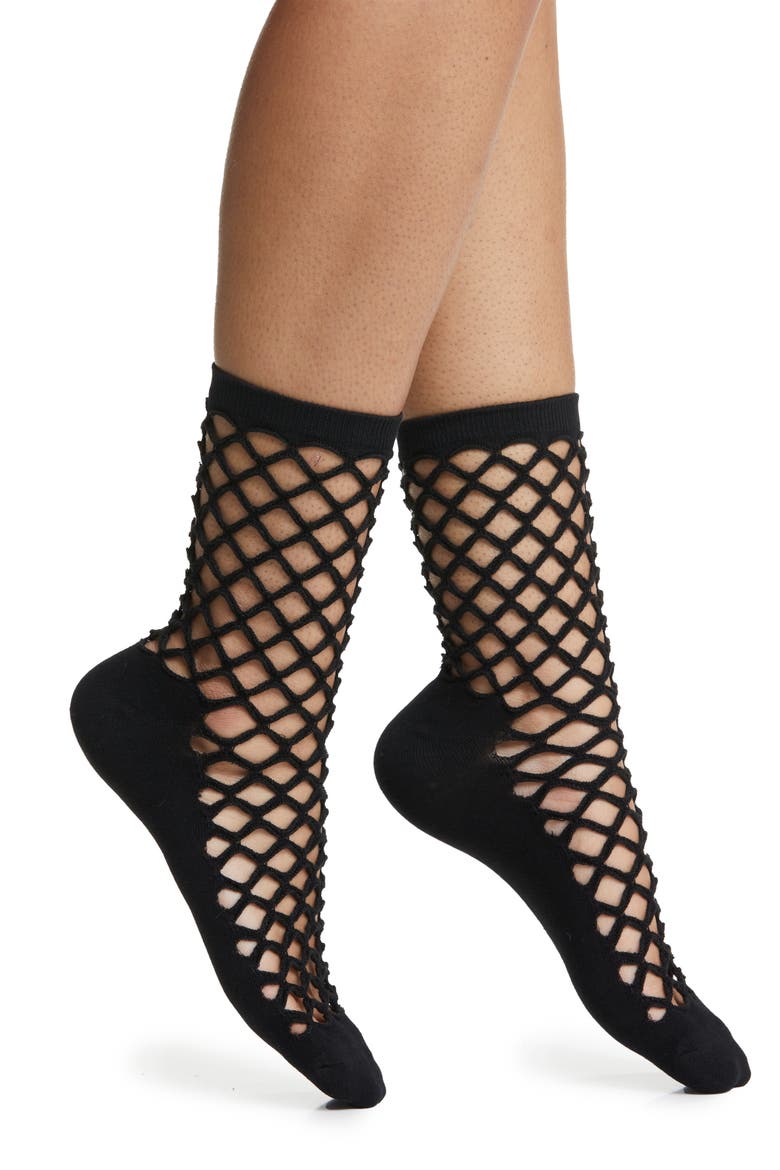 Hedge Fishnet Cotton Blend Crew Socks, Main, color, BLACK