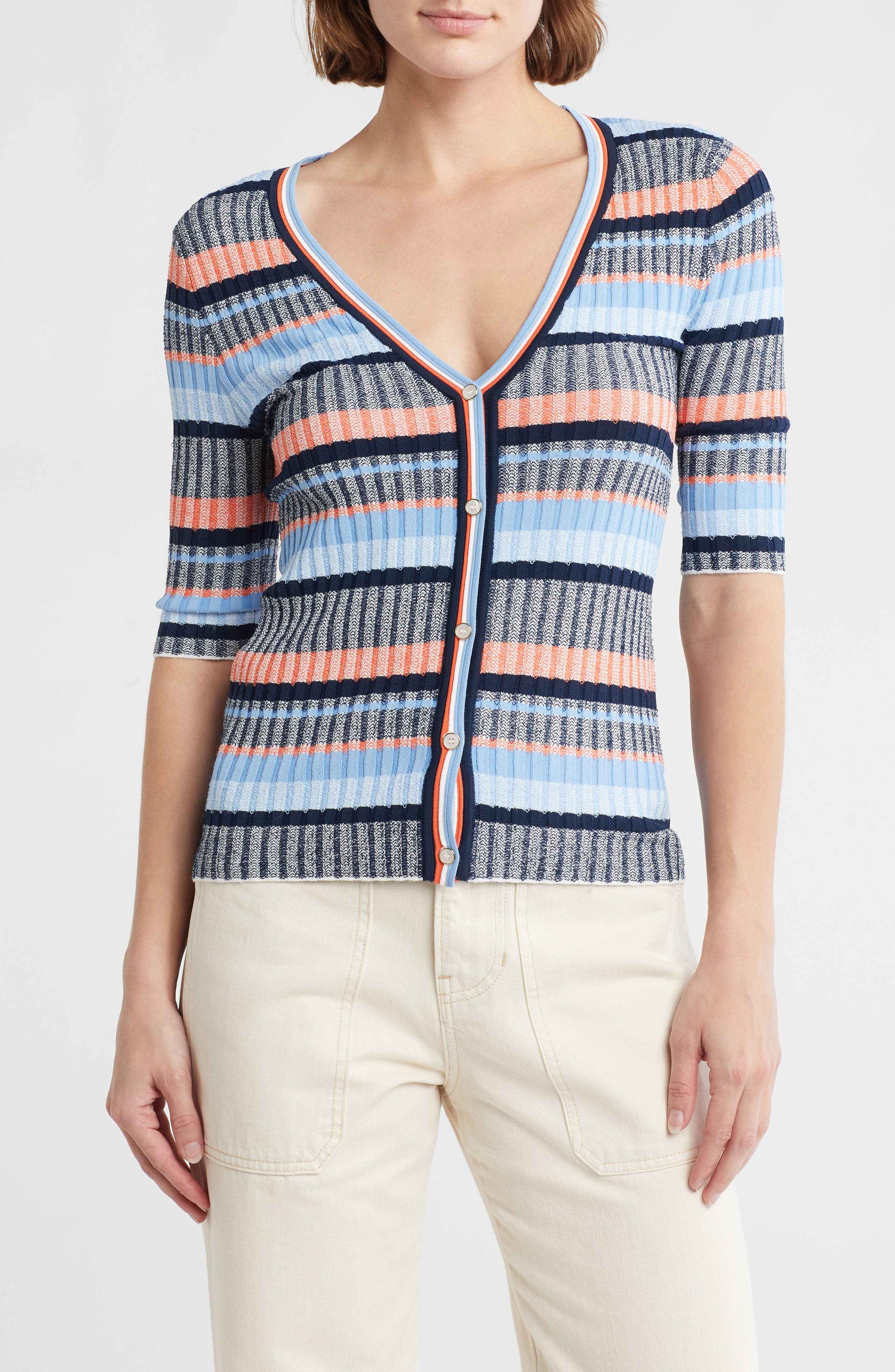 Veronica Beard Calliope Stripe Elbow Sleeve Cardigan