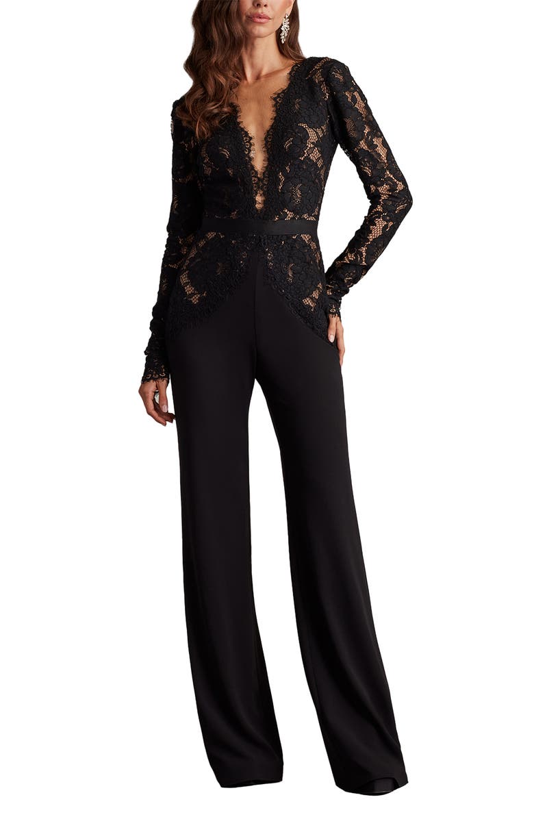 Tadashi Shoji Mixed Media Plunge Neck Long Sleeve Cotton Blend Jumpsuit, Alternate, color, Black/ Beige