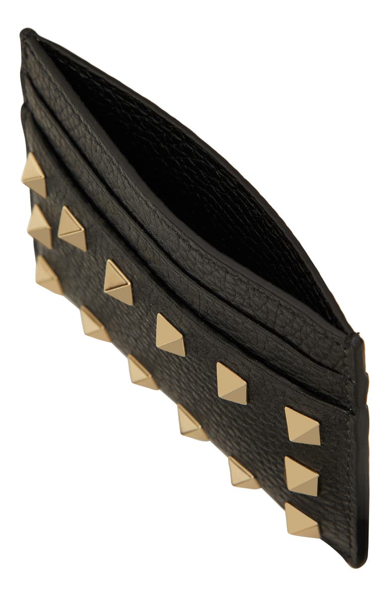 Valentino Garavani Rockstud Leather Card Holder, Alternate, color, Black