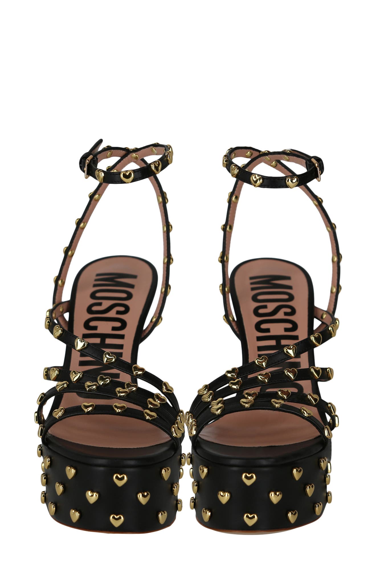 Moschino Heart Studded Ankle Strap Platform Sandal, Alternate, color, Black