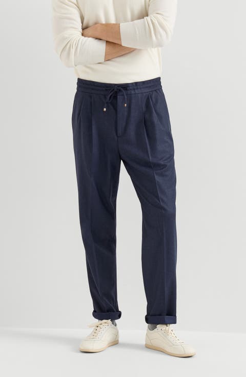 Virgin wool flannel trousers with drawstring and double pleats
