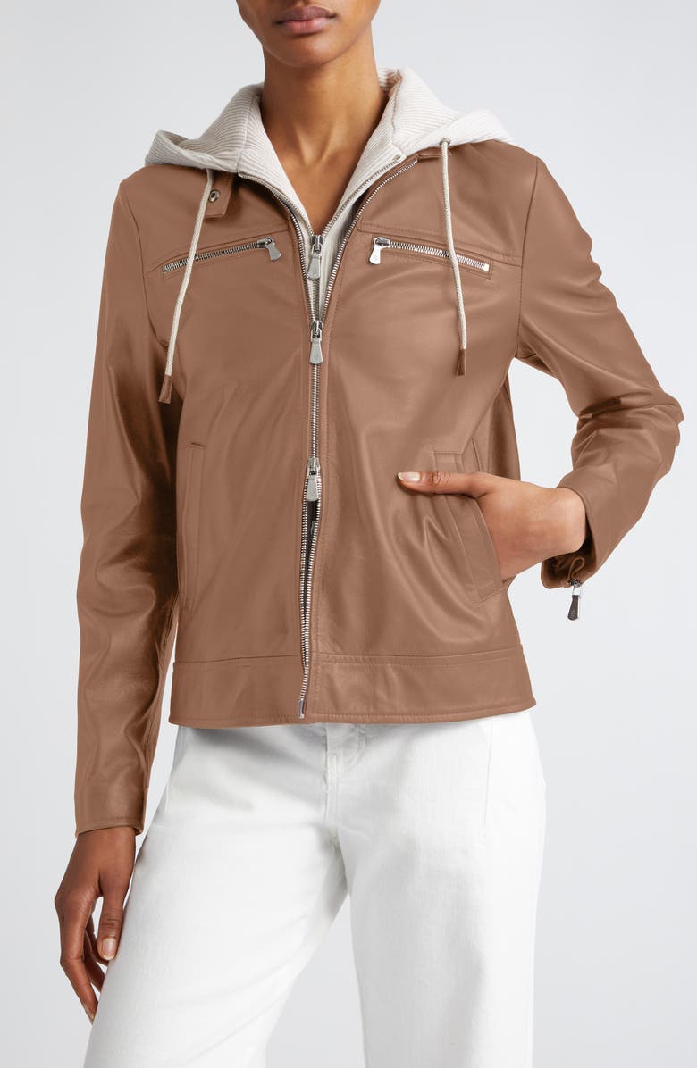 Eleventy Leather Biker Jacket with Removable Hooded Bib, Main, color, 