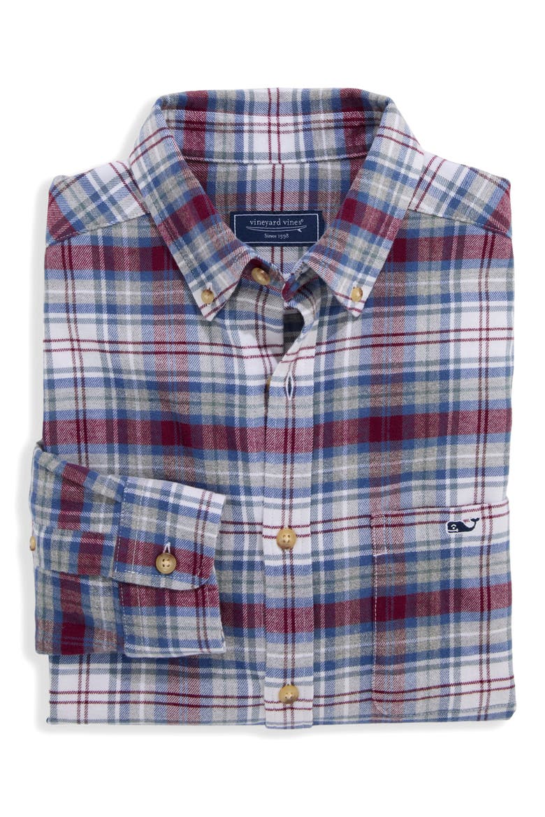Great Point Plaid Stretch Flannel Button Down Shirt, Alternate, color, CRIMSON