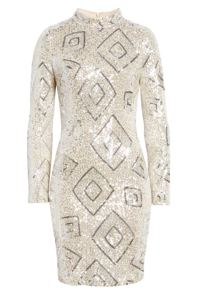 Mock Neck Long Sleeve Cocktail Dress, Alternate, color, SILVER