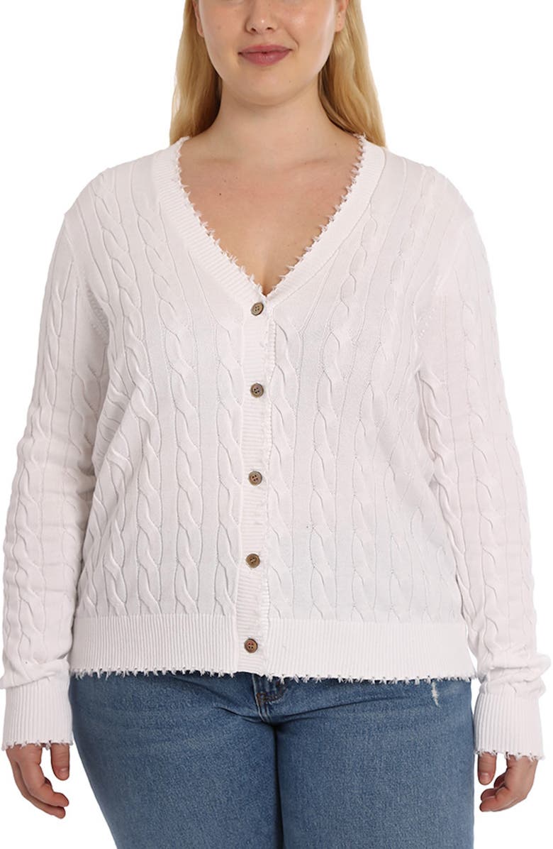 MINNIE ROSE Frayed V-Neck Cable Knit Cotton Cardigan, Main, color, White