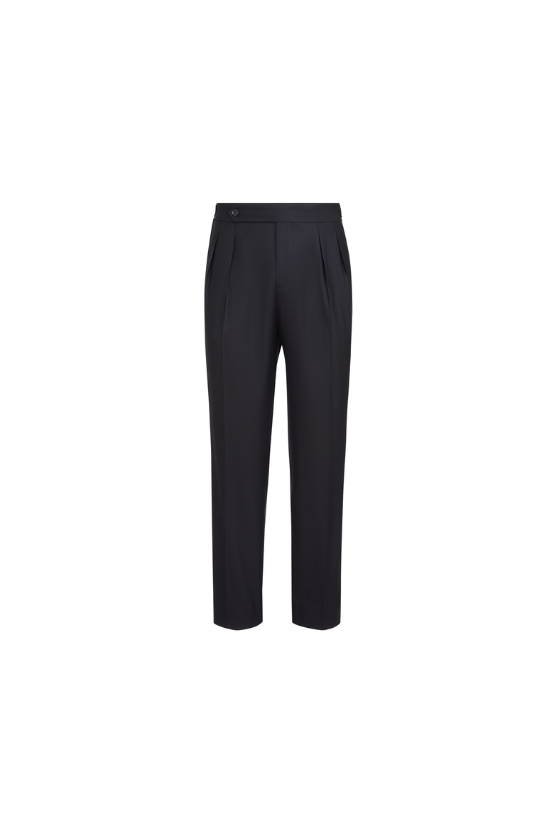 Virgin wool and silk lightweight twill tuxedo trousers with double pleats and waist tabs, Alternate, color, Navy Blue