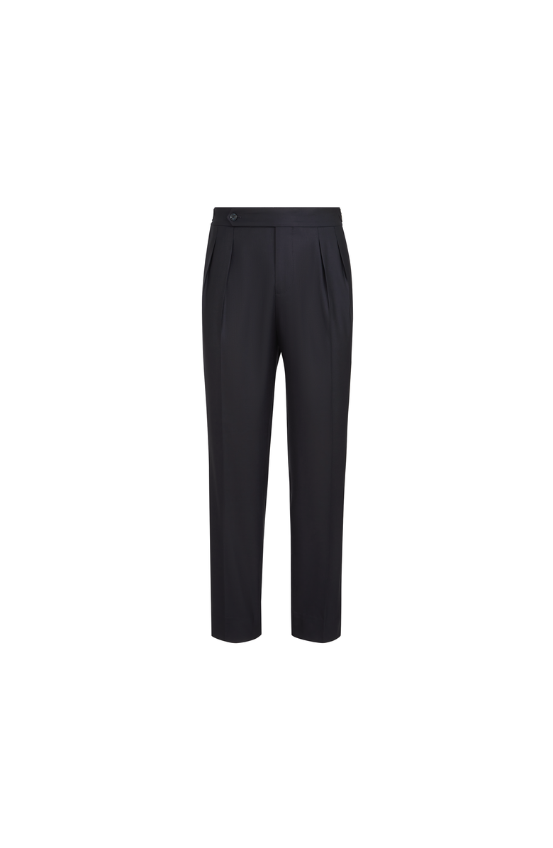 Brunello Cucinelli Virgin wool and silk lightweight twill tuxedo trousers with double pleats and waist tabs, Alternate, color, Navy Blue