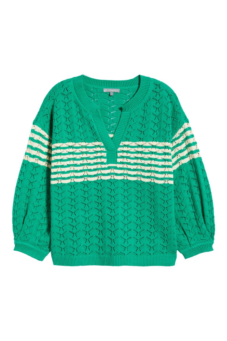 Pointelle Stripe Sweater, Alternate, color, GOLF GREEN/ IVORY