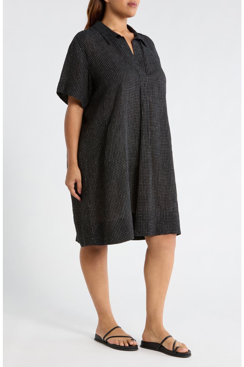 Windowpane Plaid Elbow Sleeve Organic Linen Shift Dress, Alternate, color, BLACK/ WHITE