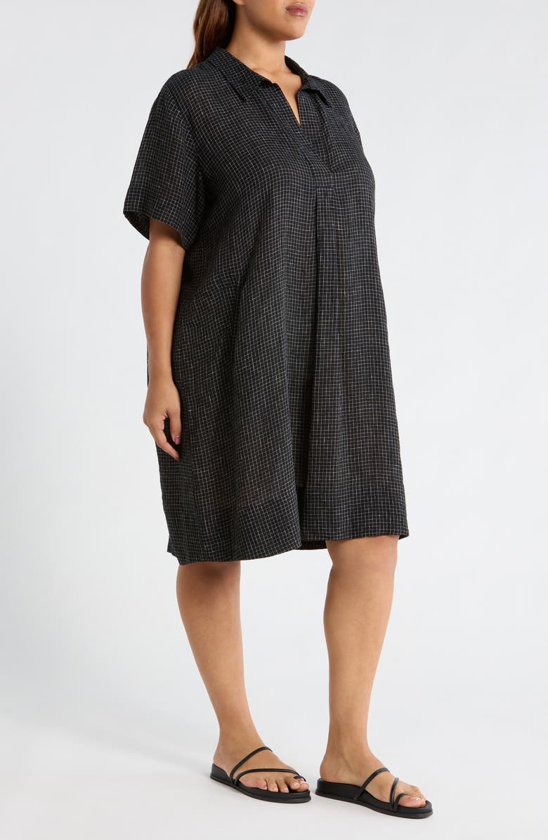 Eileen Fisher Windowpane Plaid Elbow Sleeve Organic Linen Shift Dress, Alternate, color, Black/ White