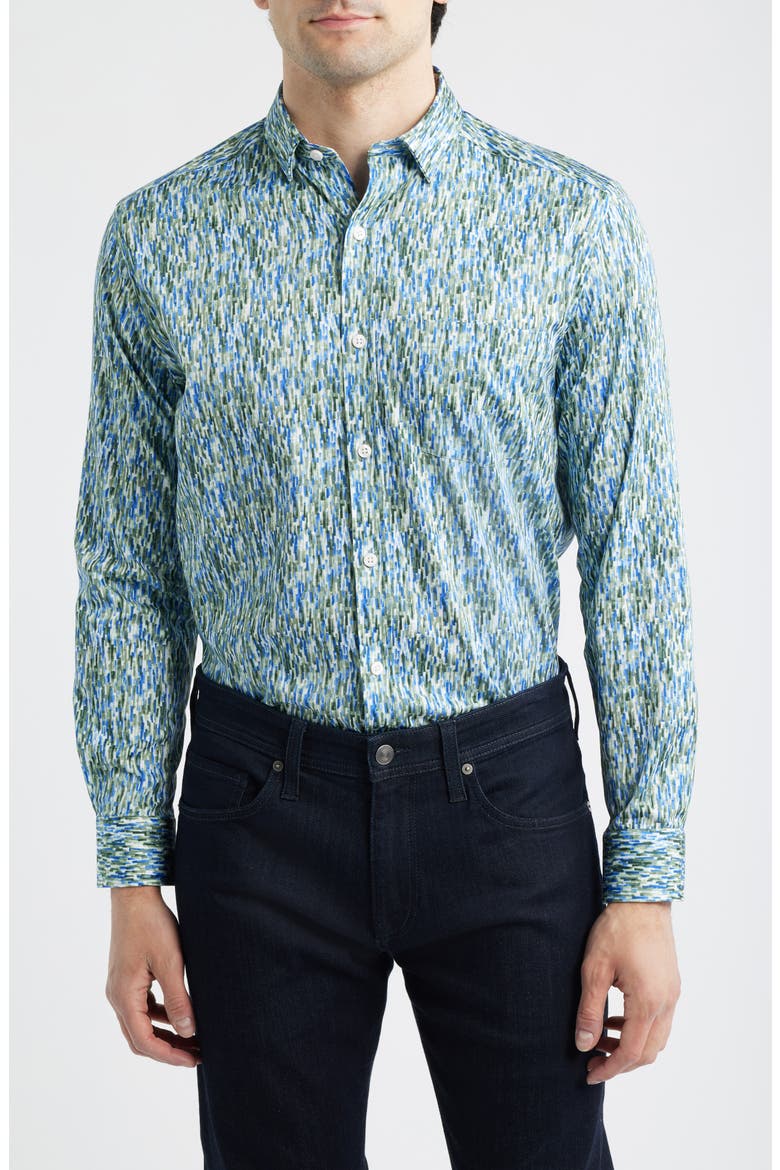 Logan Print Button-Up Shirt, Main, color, GREEN/ BLUE BRUSH STROKE