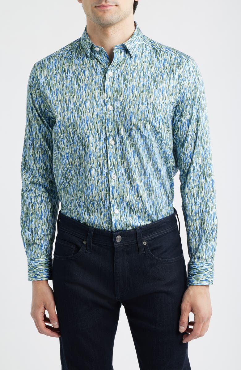 Johnston & Murphy Logan Print Button-Up Shirt, Main, color, Green/ Blue Brush Stroke