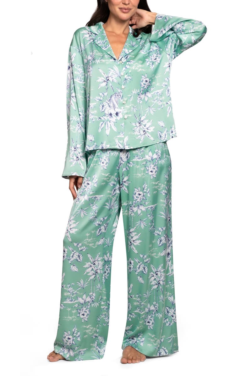 Midnight Bakery Floral Satin Pajamas, Main, color, Green