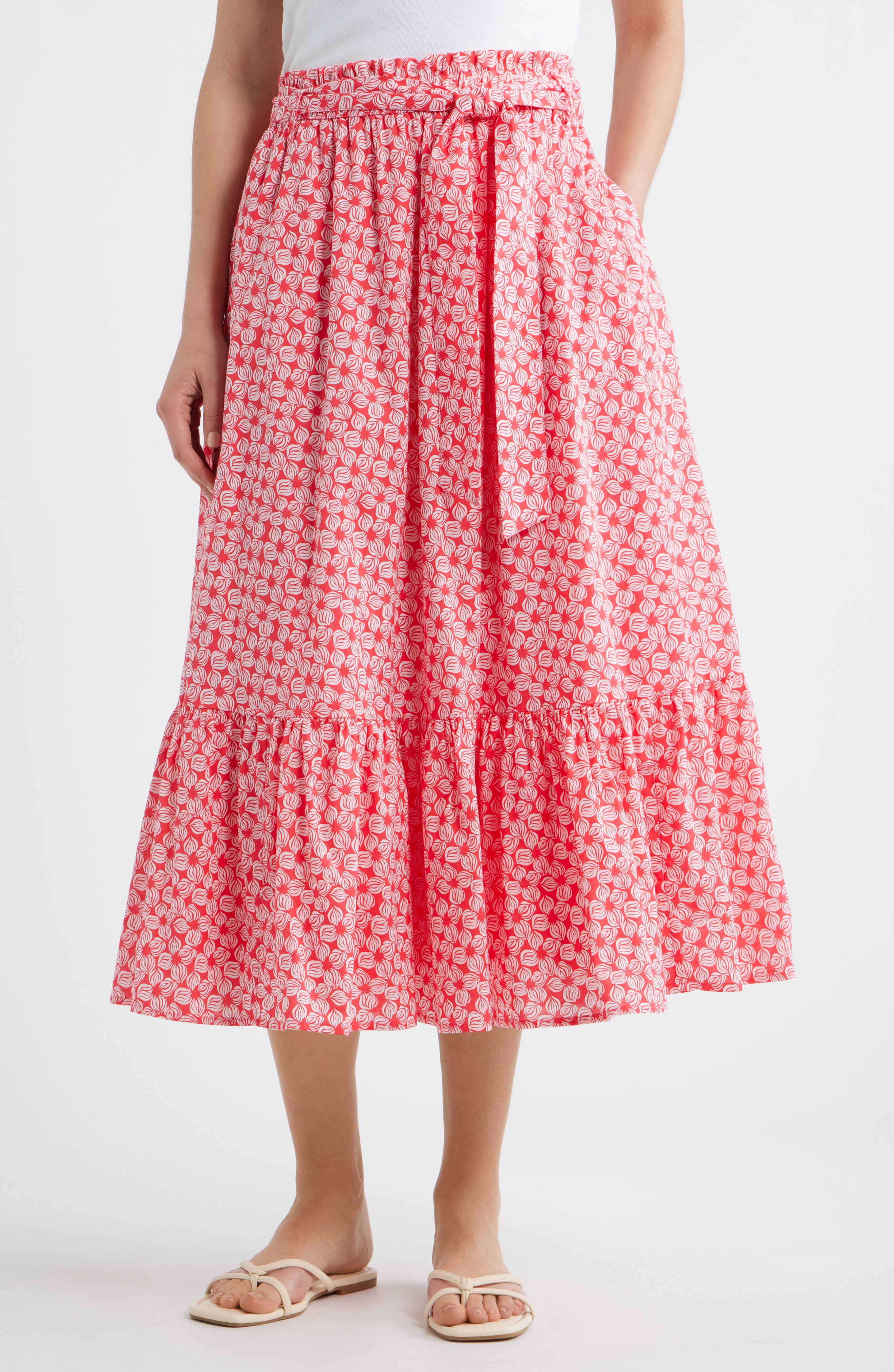 Tie Waist Tiered Midi Skirt