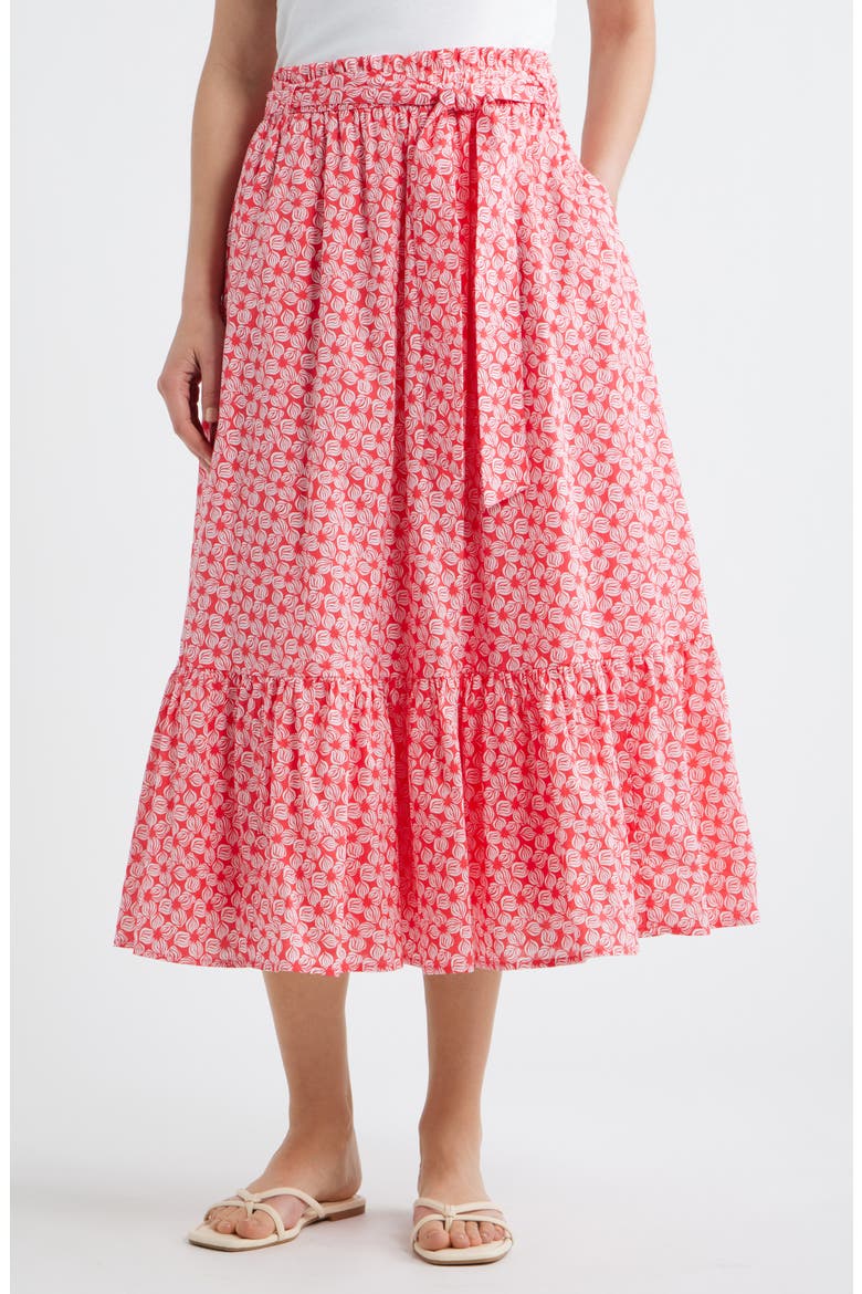 Tie Waist Tiered Midi Skirt, Main, color, RED GERANIUM- WHITE SEA GEO