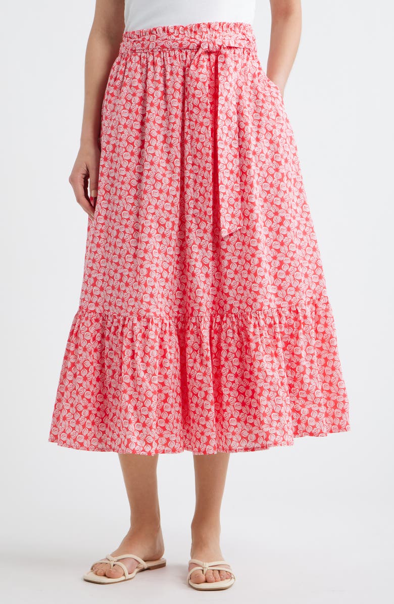 Caslon<sup>®</sup> Tie Waist Tiered Midi Skirt, Main, color, Red Geranium- White Sea Geo