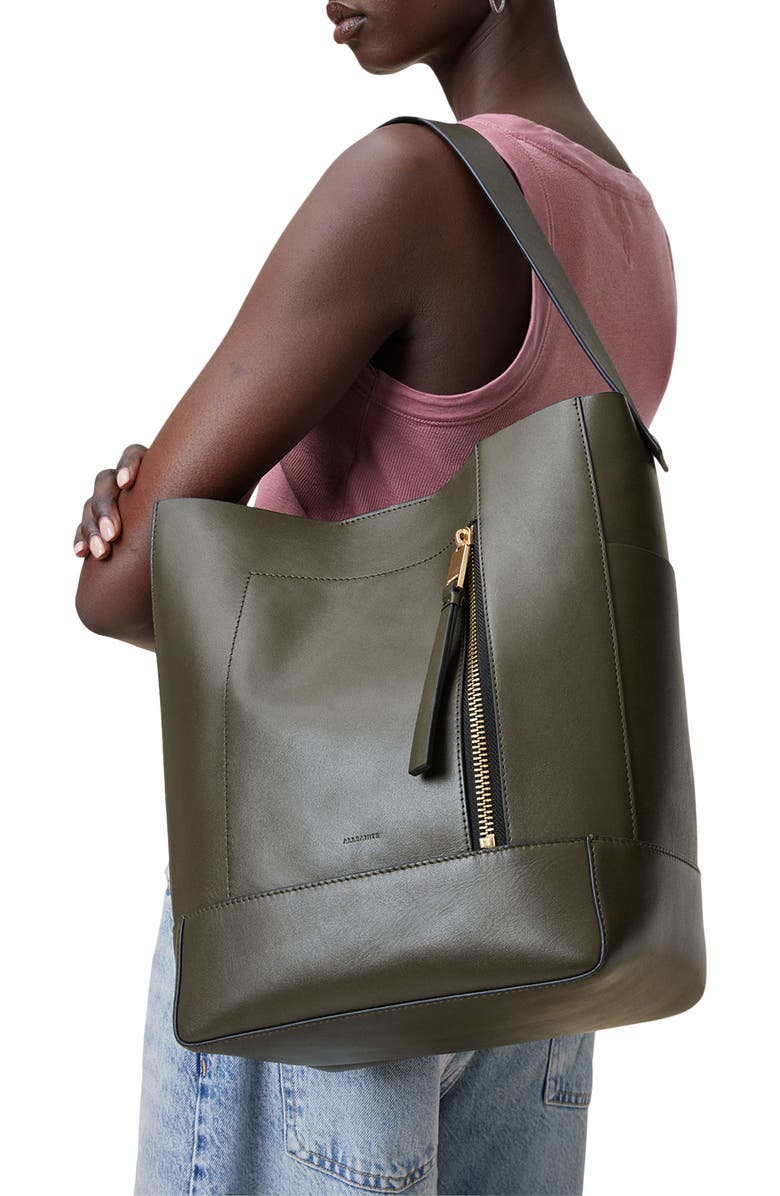 AllSaints Alba Leather Hobo Bag, Alternate, color, Military Green