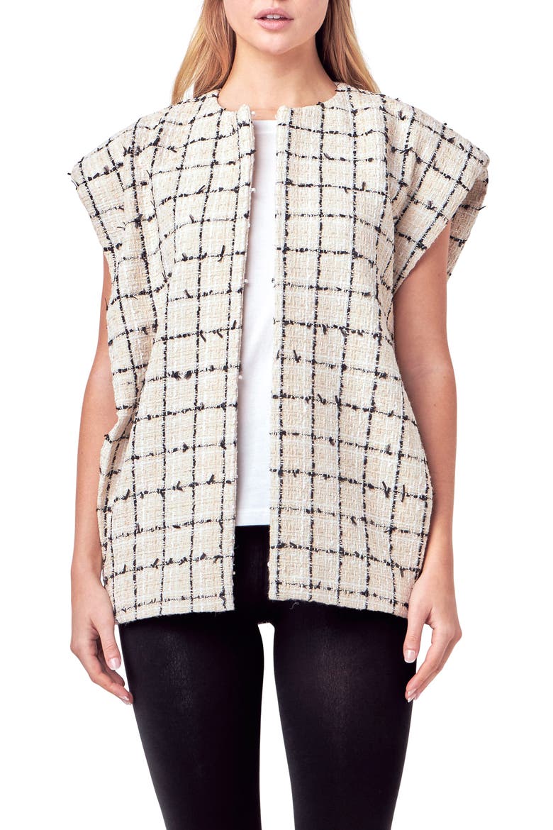 Check Cap Sleeve Tweed Jacket, Main, color, CREAM/BLACK